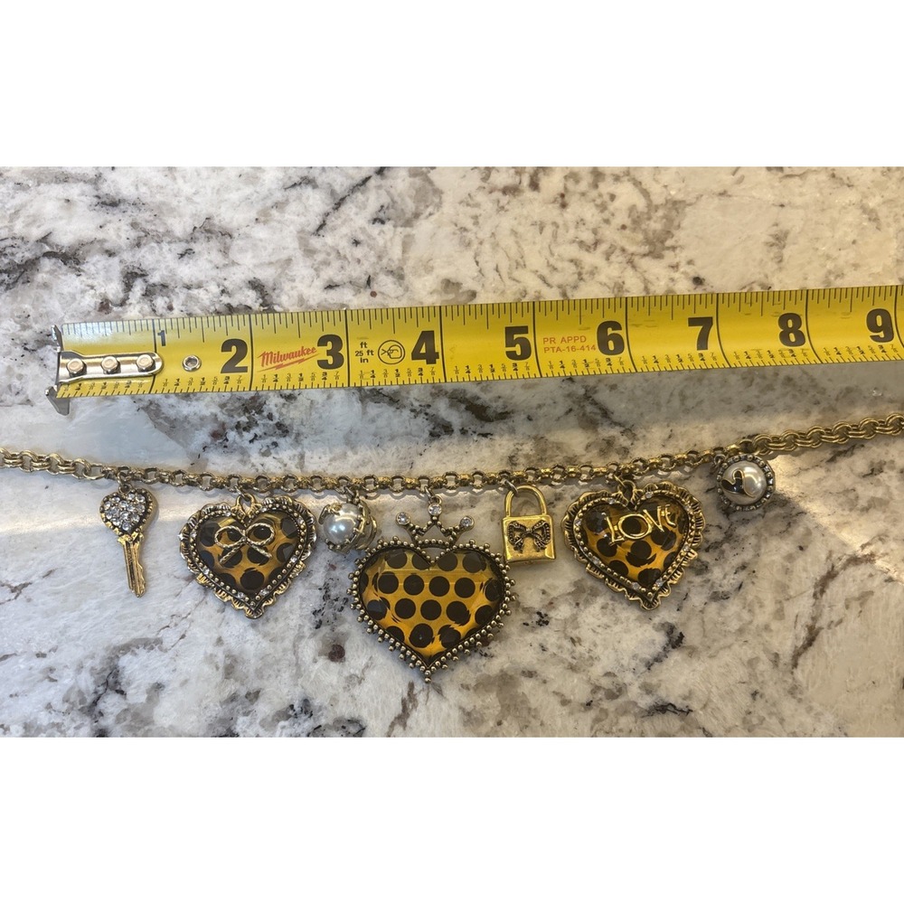 Betsey Johnson Three Heart Leopard Heart Key Rhinestones Locket Pearl Necklace - Picture 14 of 16